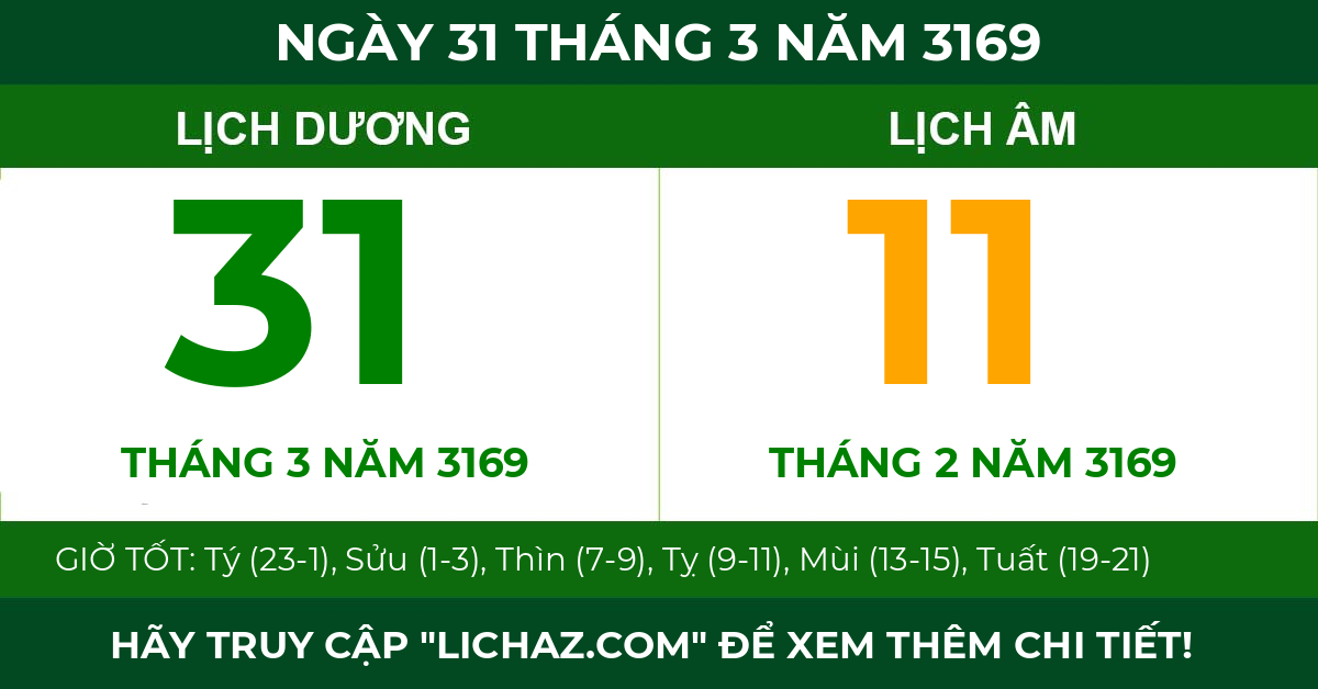 lịch âm ngày 31 tháng 3 năm 3169