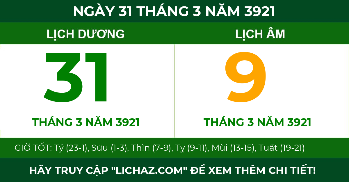 lịch âm ngày 31 tháng 3 năm 3921