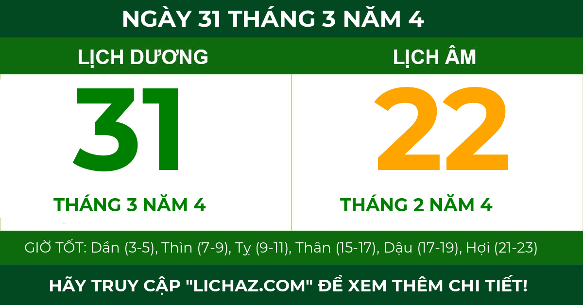 lịch âm ngày 31 tháng 3 năm 4