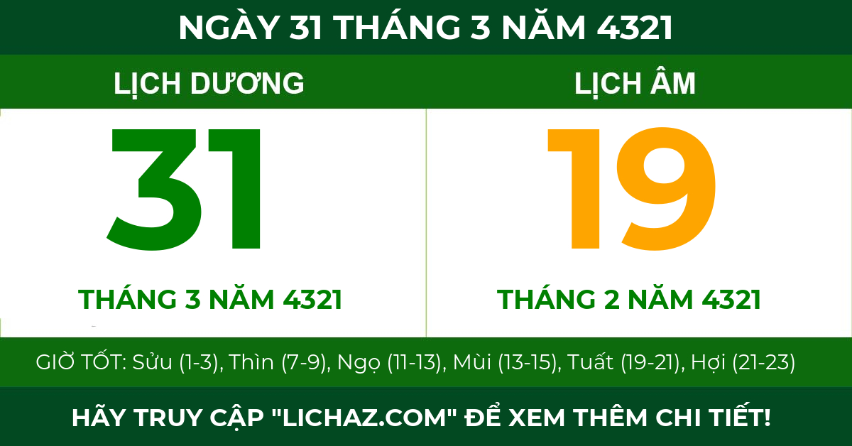 lịch âm ngày 31 tháng 3 năm 4321