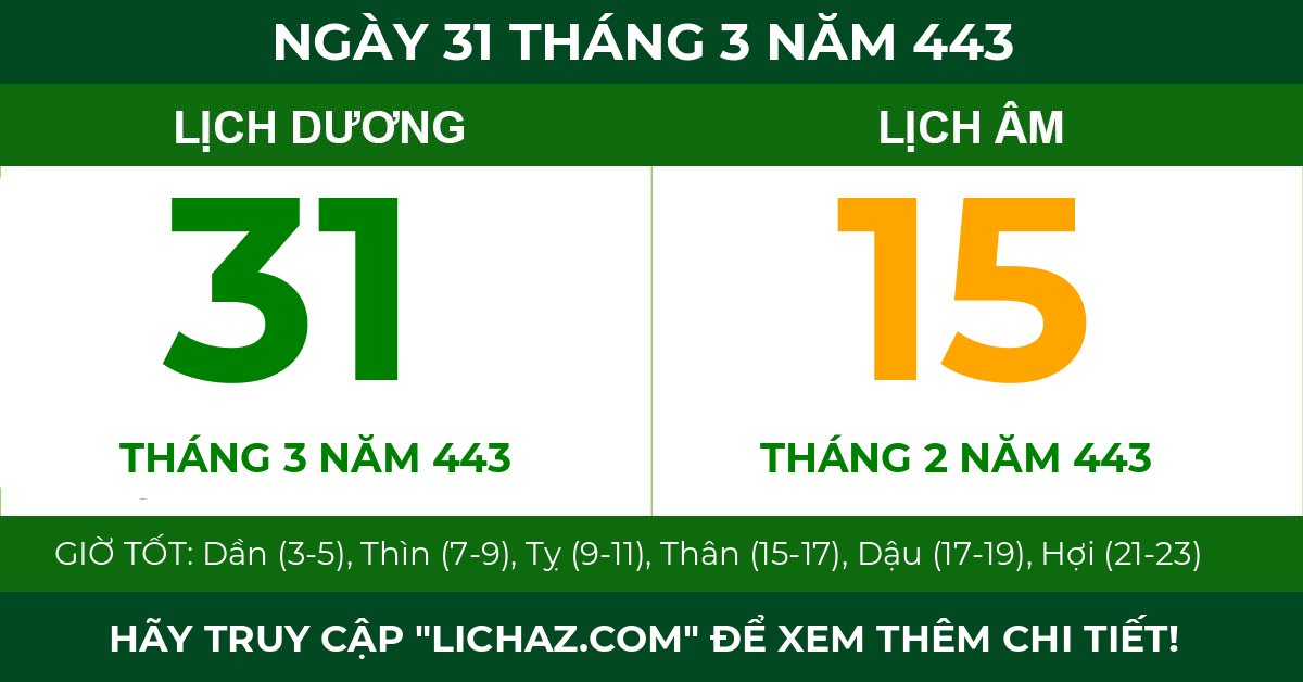 lịch âm ngày 31 tháng 3 năm 443