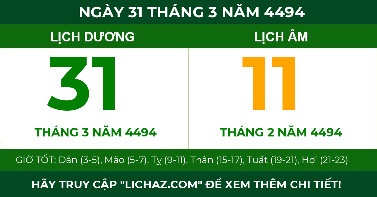 lịch âm ngày 31 tháng 3 năm 4494