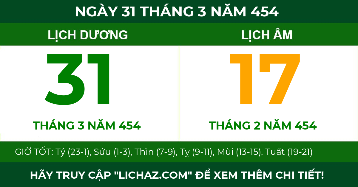 lịch âm ngày 31 tháng 3 năm 454