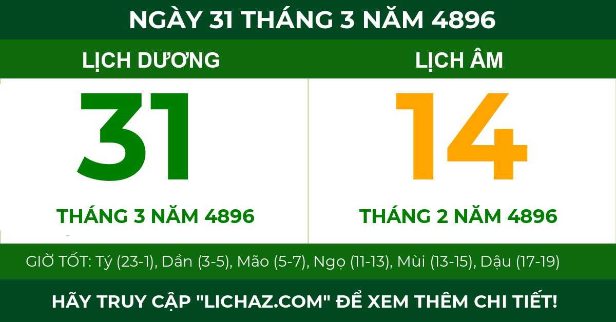 lịch âm ngày 31 tháng 3 năm 4896