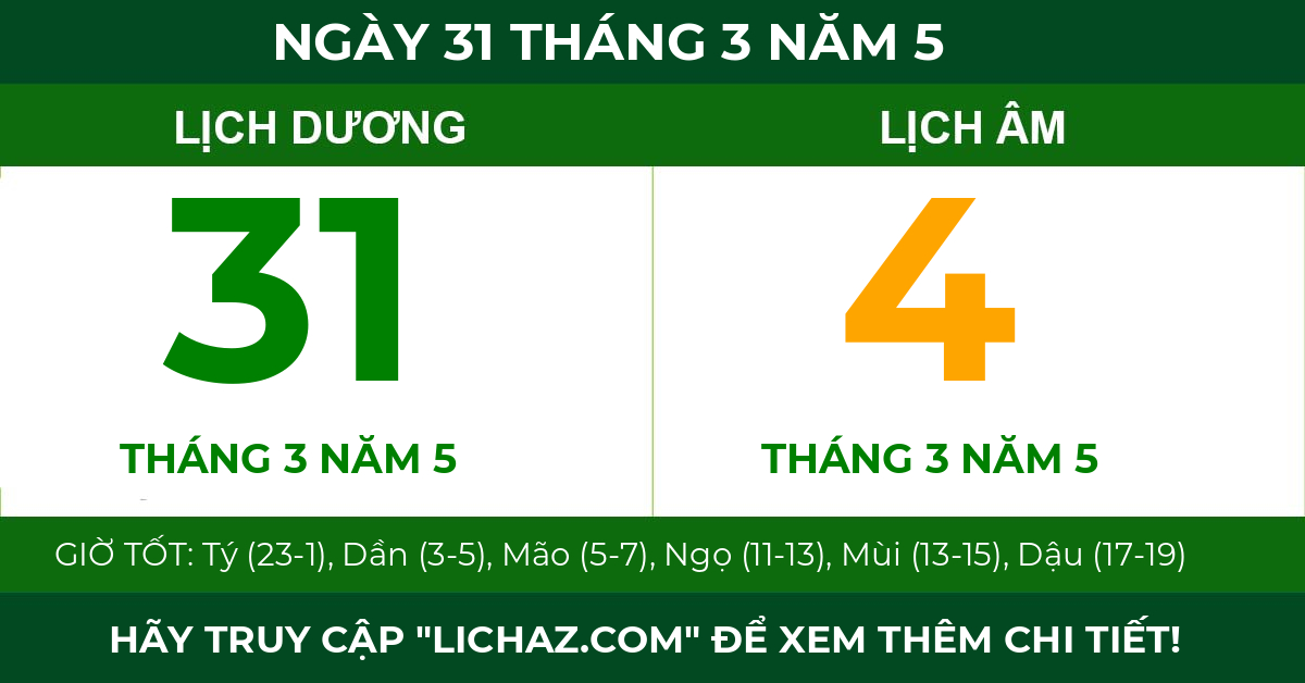 lịch âm ngày 31 tháng 3 năm 5