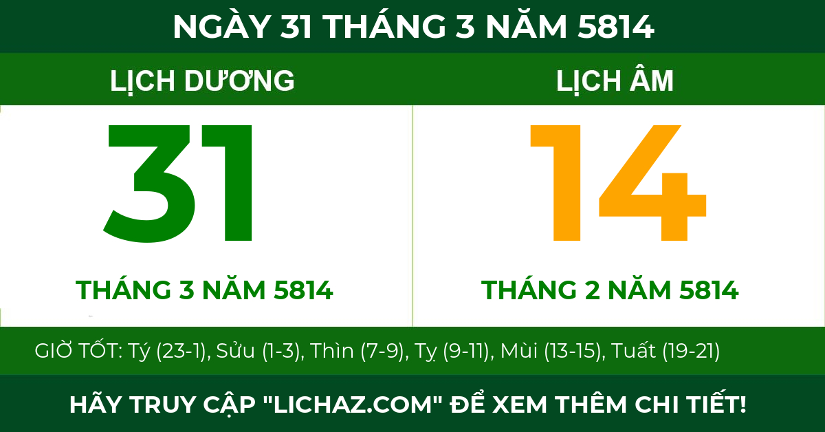 lịch âm ngày 31 tháng 3 năm 5814