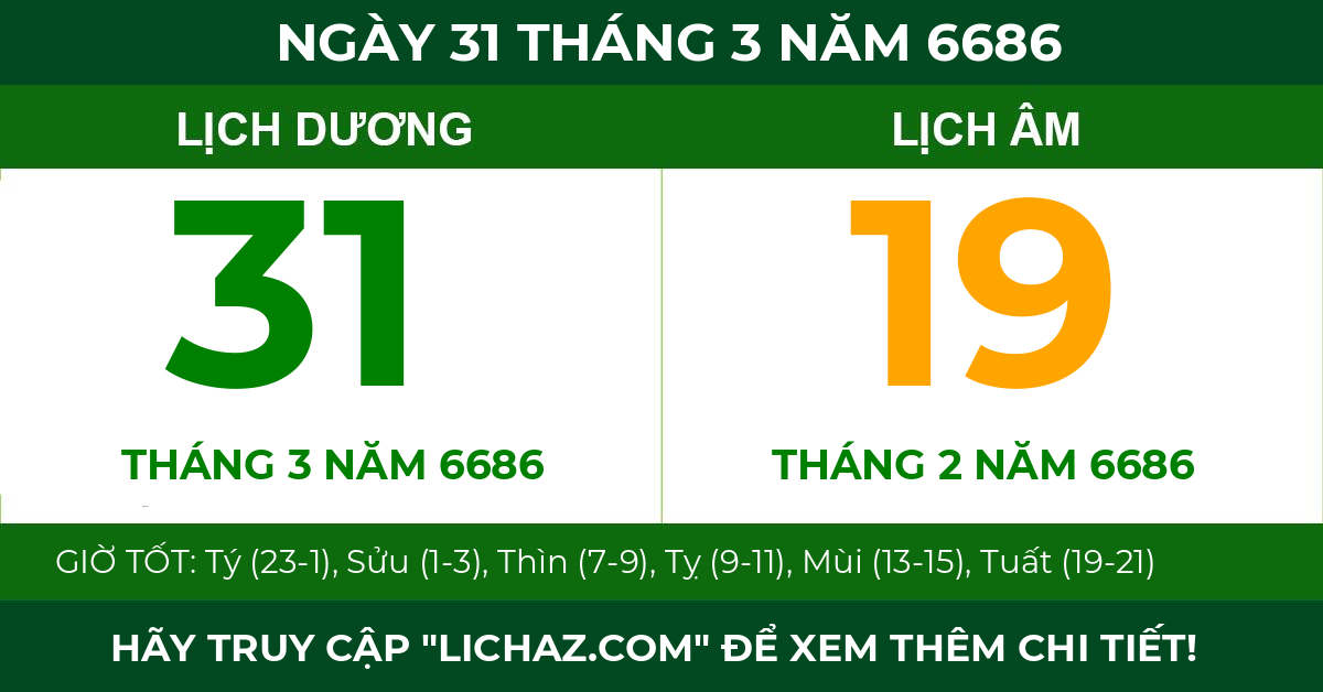 lịch âm ngày 31 tháng 3 năm 6686