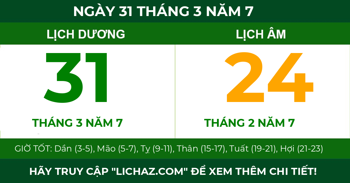 lịch âm ngày 31 tháng 3 năm 7
