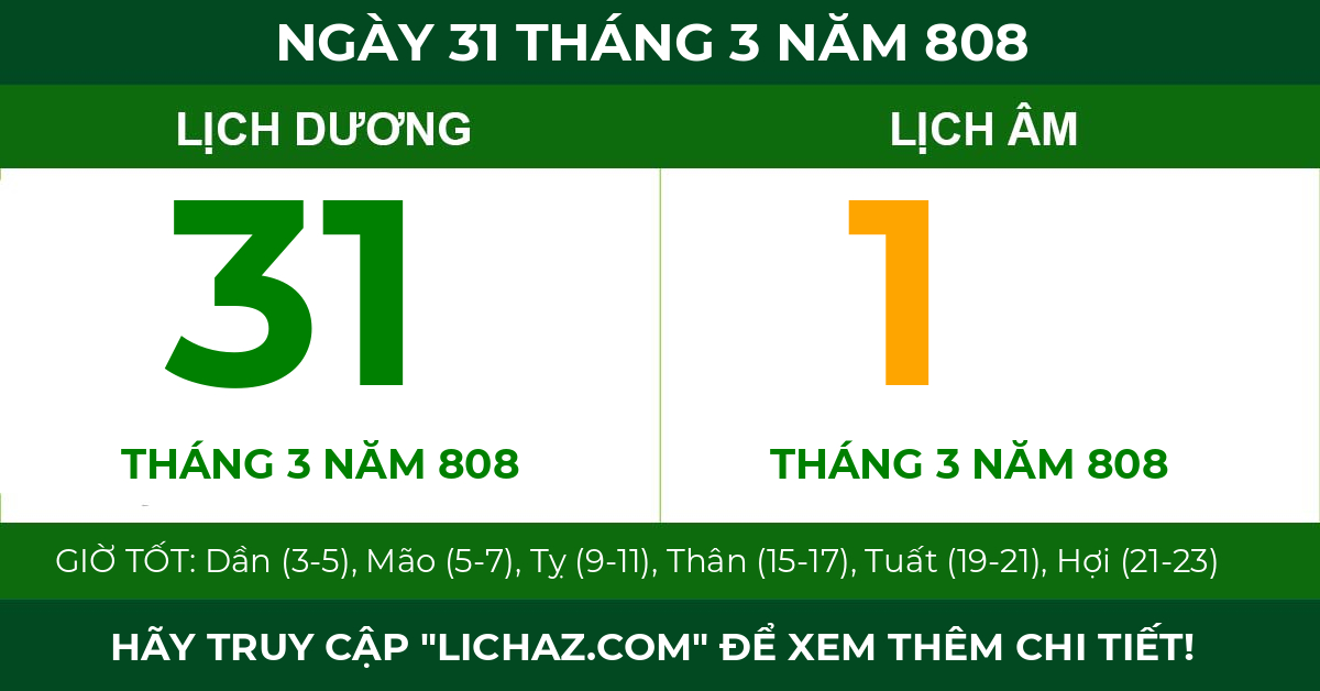 lịch âm ngày 31 tháng 3 năm 808