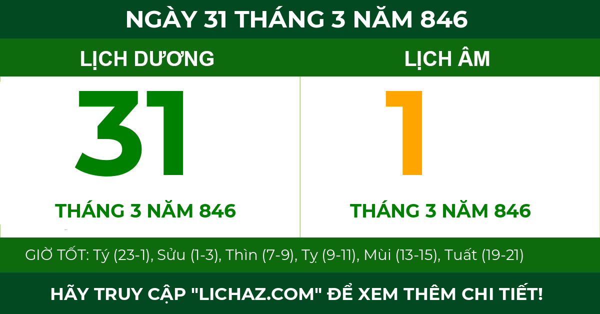 lịch âm ngày 31 tháng 3 năm 846