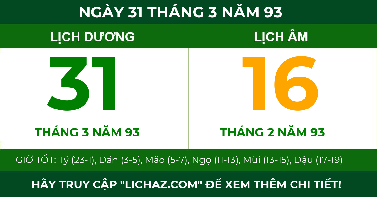 lịch âm ngày 31 tháng 3 năm 93
