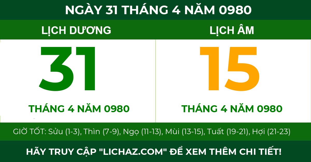 lịch âm ngày 31 tháng 4 năm 0980