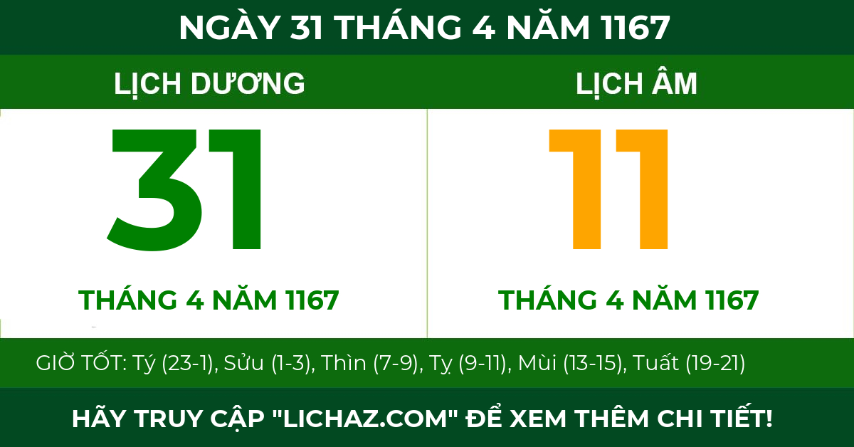lịch âm ngày 31 tháng 4 năm 1167