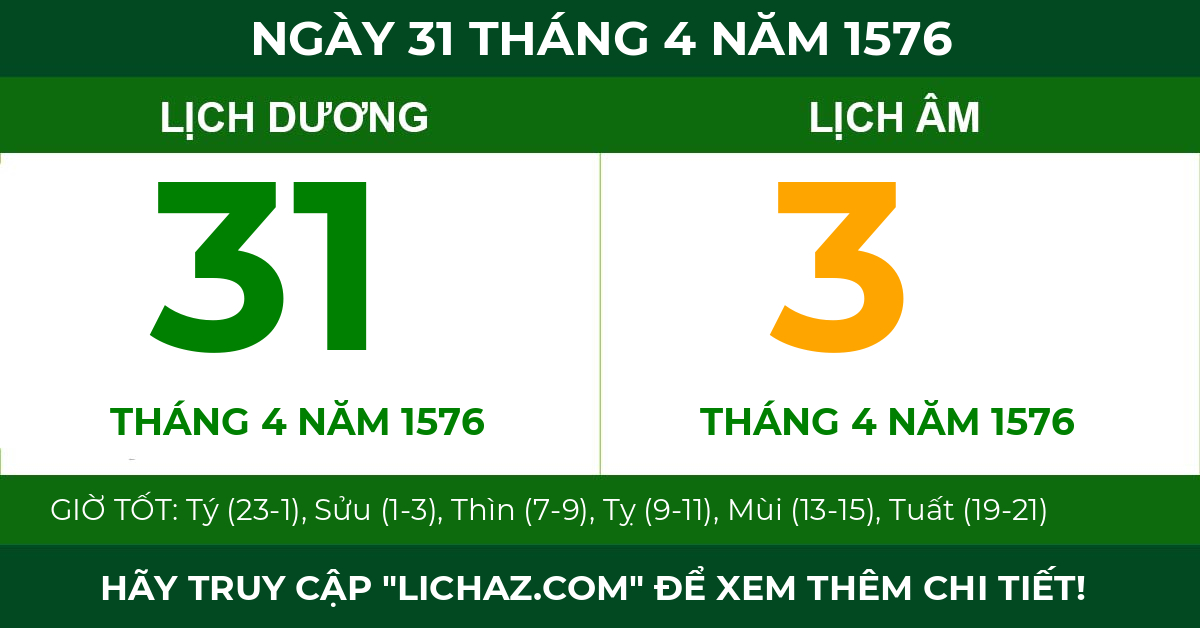 lịch âm ngày 31 tháng 4 năm 1576