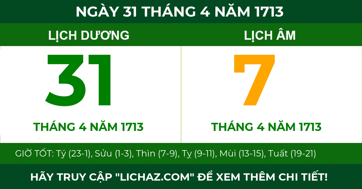 lịch âm ngày 31 tháng 4 năm 1713