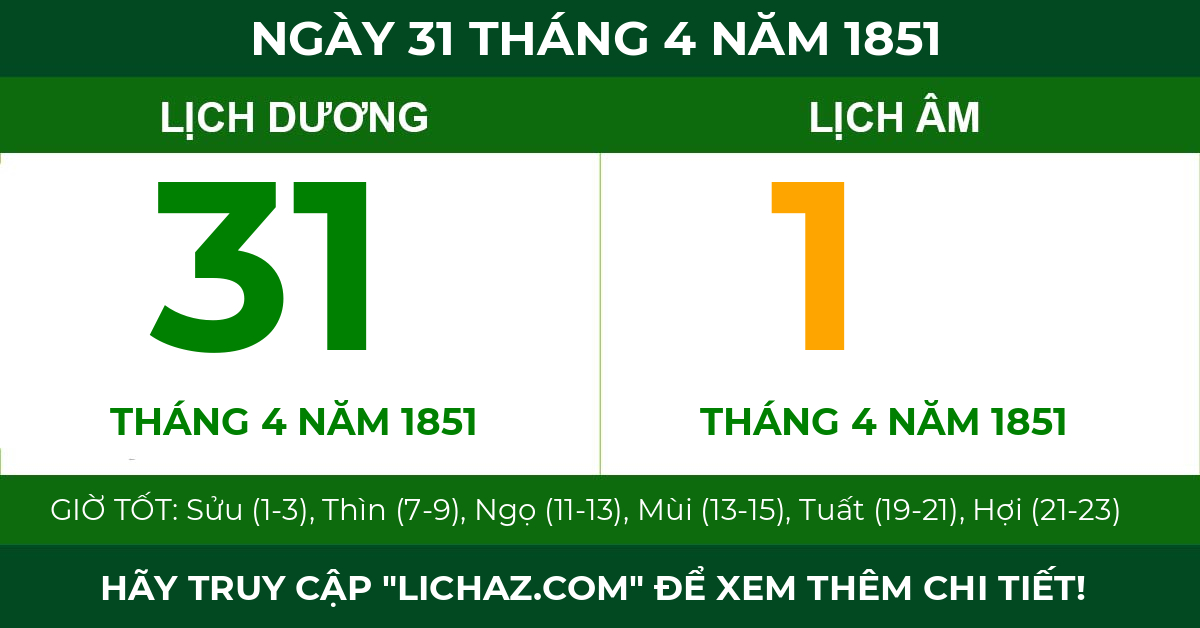 lịch âm ngày 31 tháng 4 năm 1851