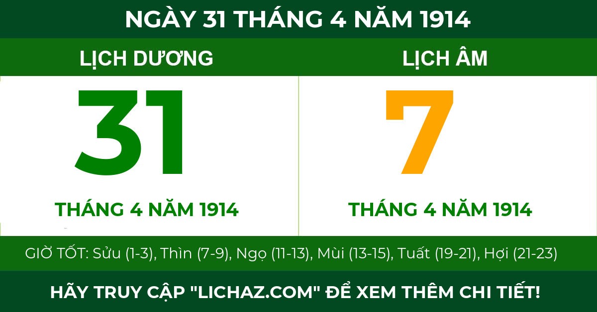 lịch âm ngày 31 tháng 4 năm 1914