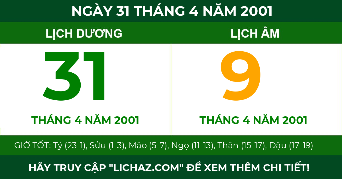 lịch âm ngày 31 tháng 4 năm 2001