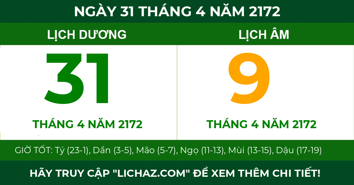 lịch âm ngày 31 tháng 4 năm 2172
