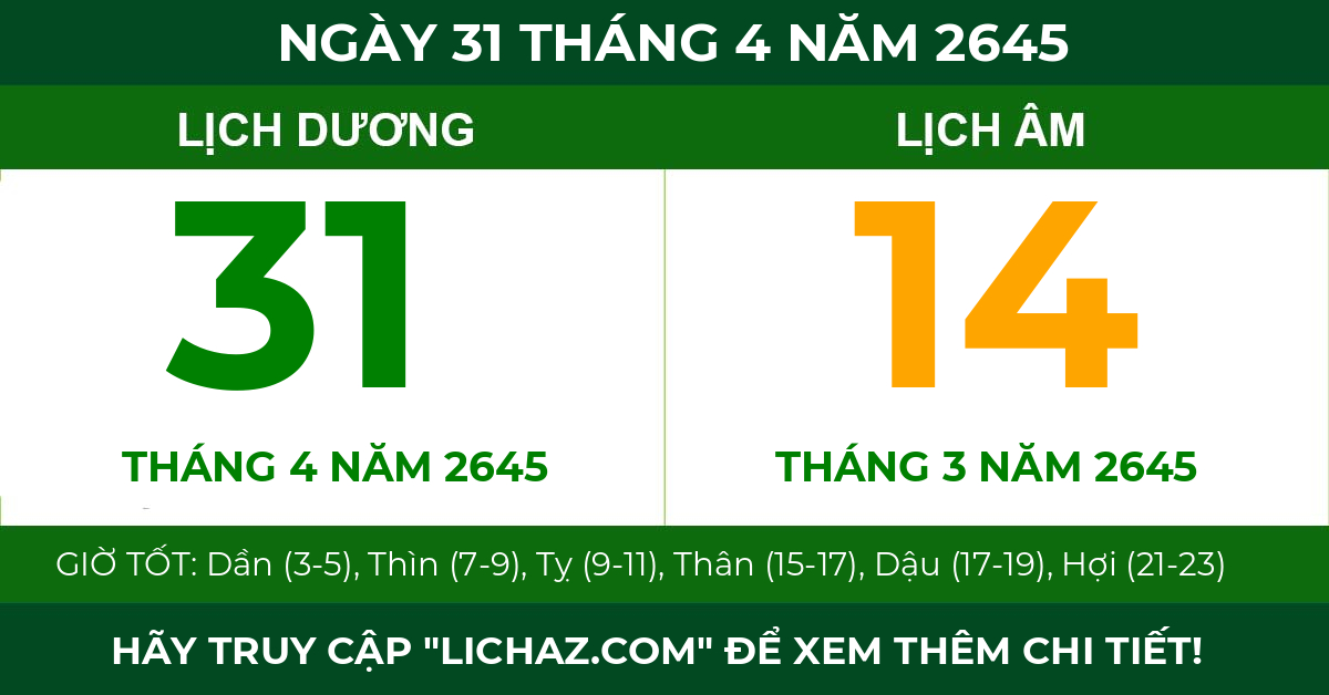 lịch âm ngày 31 tháng 4 năm 2645