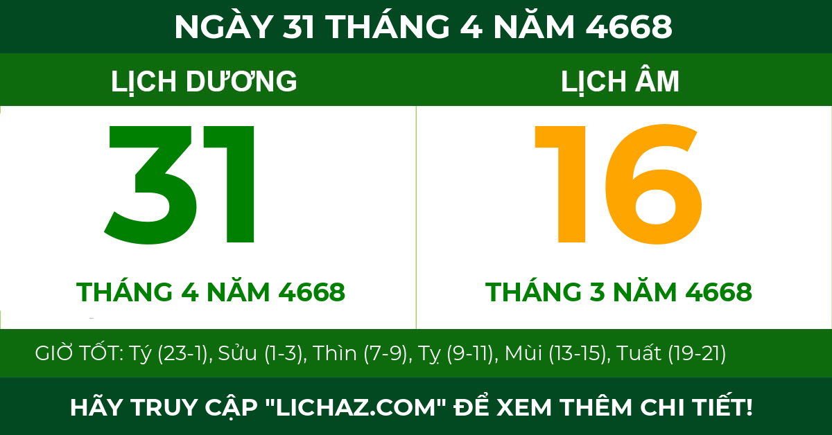 lịch âm ngày 31 tháng 4 năm 4668