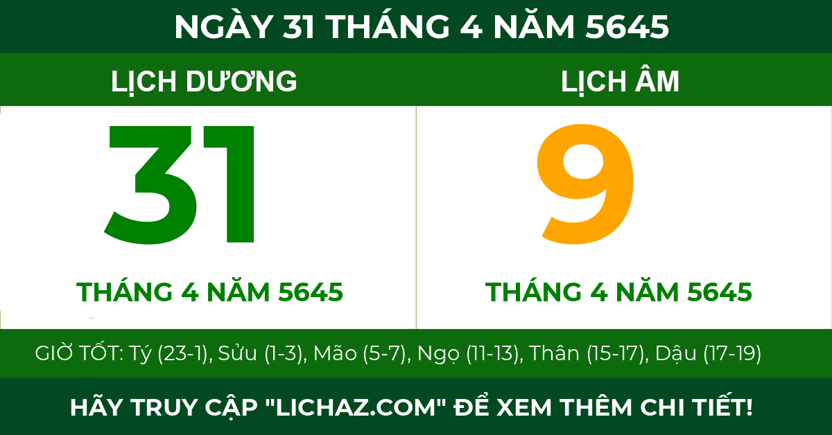 lịch âm ngày 31 tháng 4 năm 5645