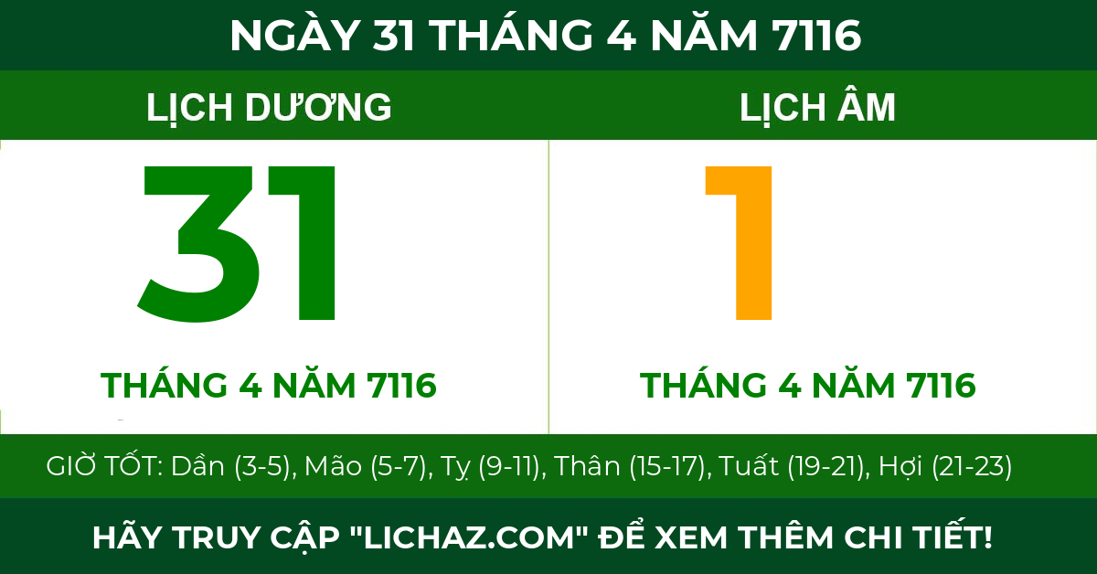 lịch âm ngày 31 tháng 4 năm 7116
