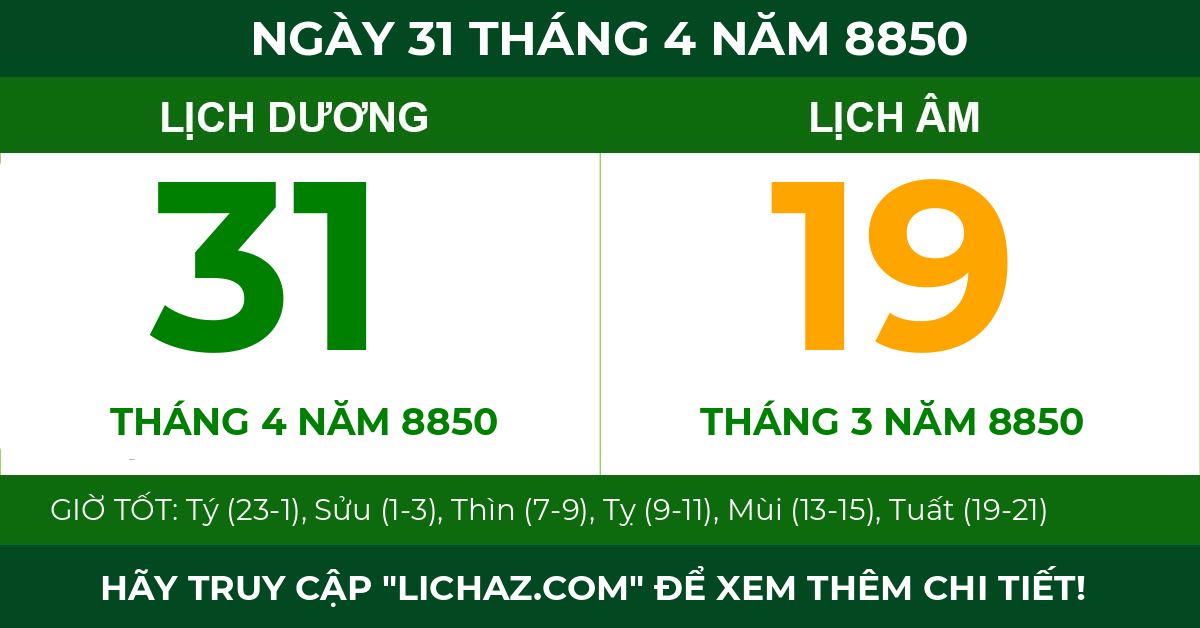 lịch âm ngày 31 tháng 4 năm 8850