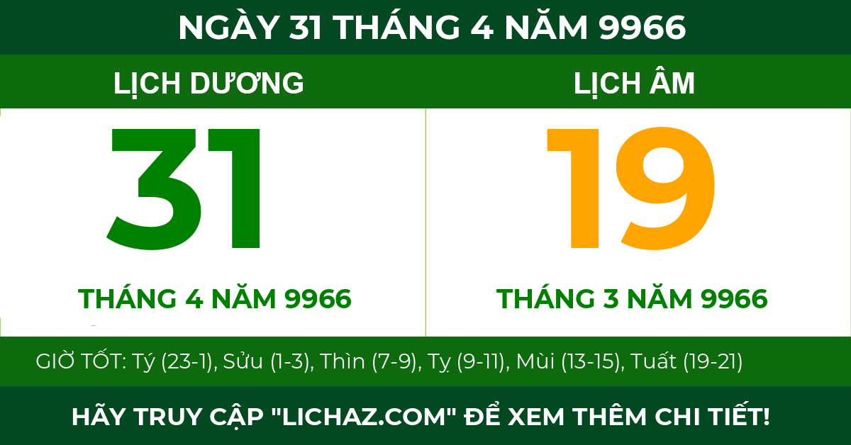 lịch âm ngày 31 tháng 4 năm 9966