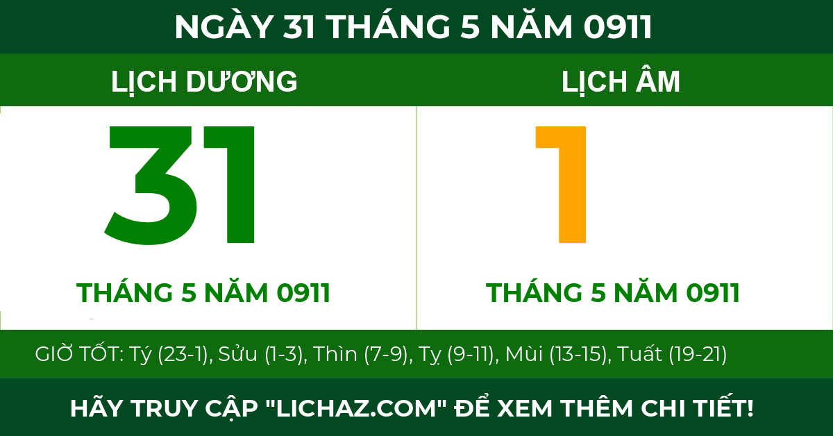 lịch âm ngày 31 tháng 5 năm 0911