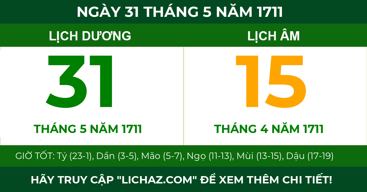 lịch âm ngày 31 tháng 5 năm 1711
