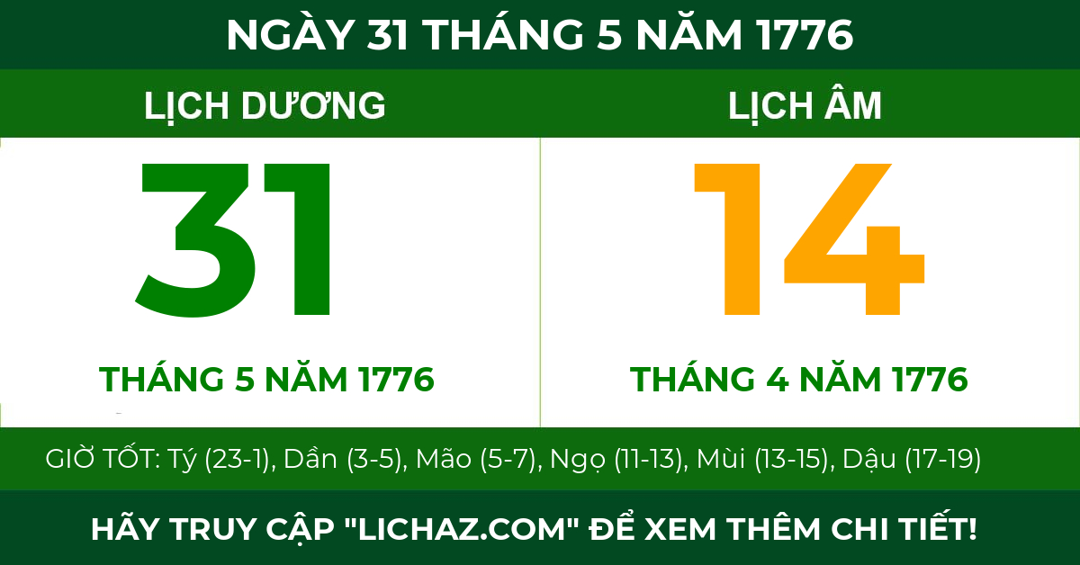 lịch âm ngày 31 tháng 5 năm 1776