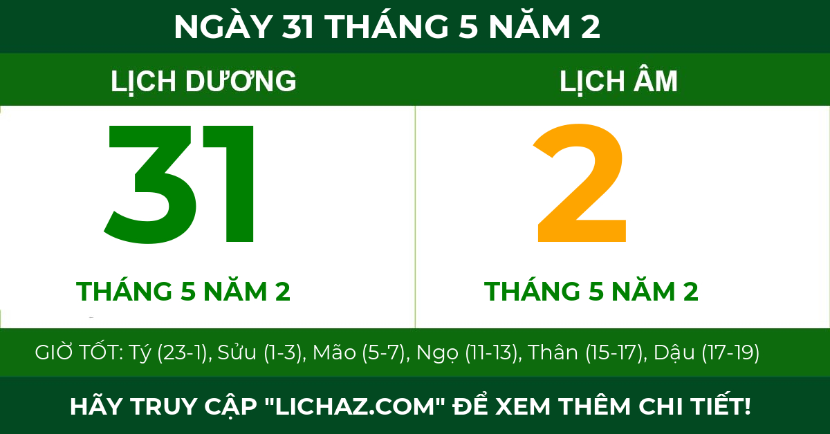 lịch âm ngày 31 tháng 5 năm 2