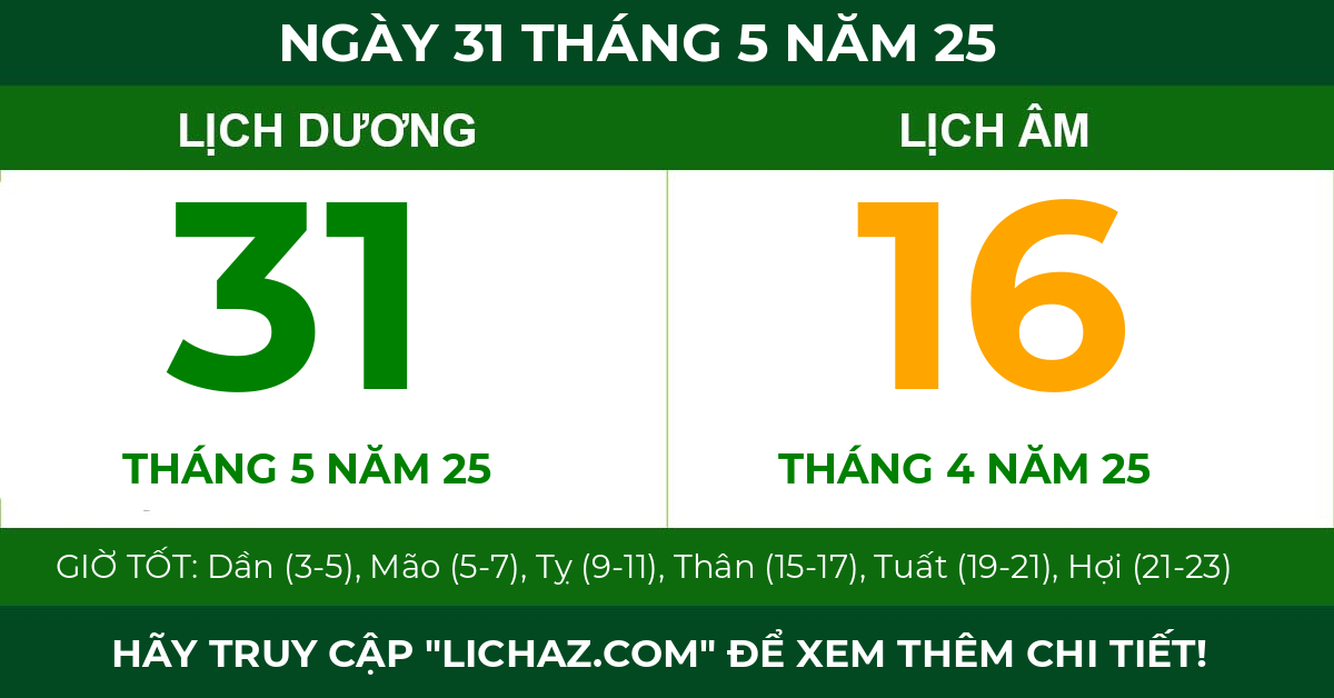 lịch âm ngày 31 tháng 5 năm 25