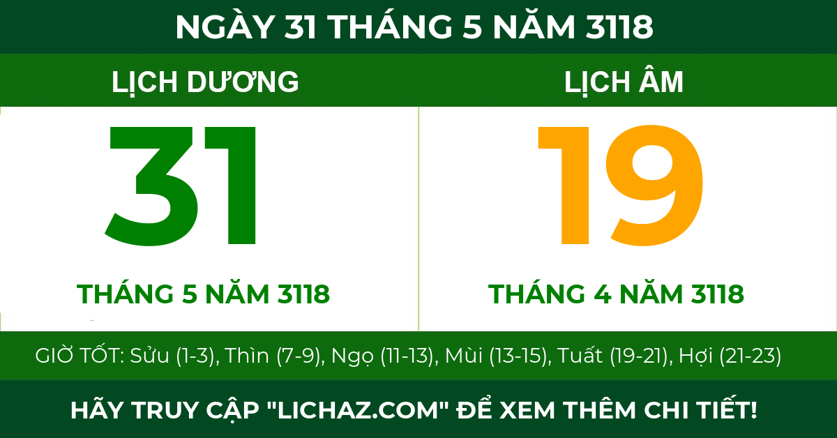 lịch âm ngày 31 tháng 5 năm 3118