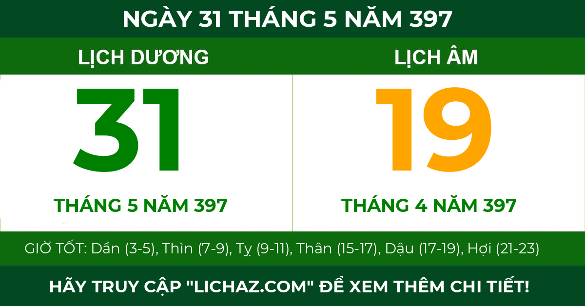 lịch âm ngày 31 tháng 5 năm 397