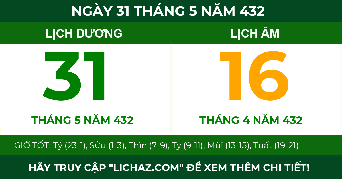 lịch âm ngày 31 tháng 5 năm 432