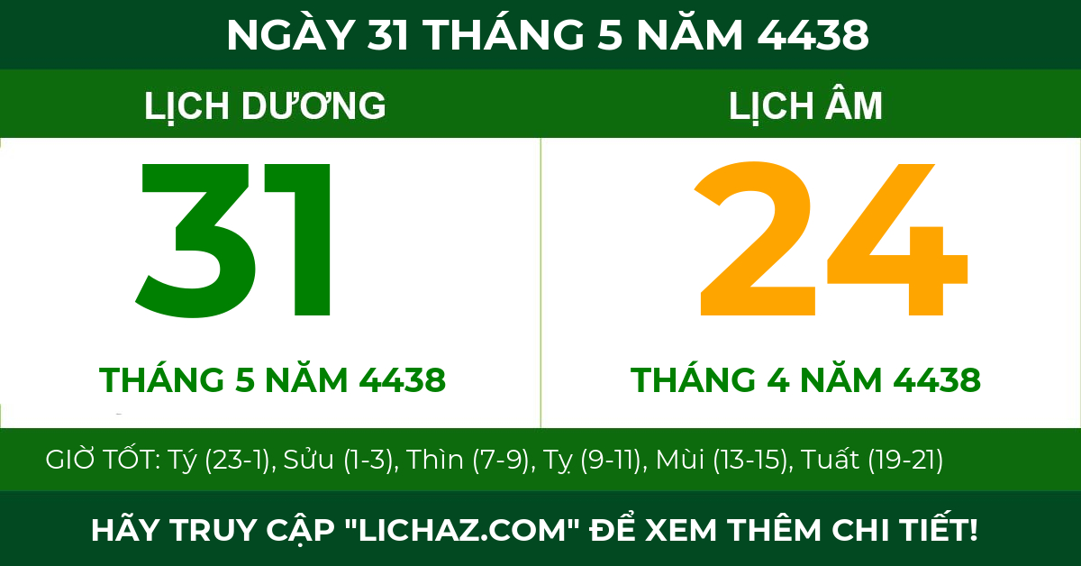 lịch âm ngày 31 tháng 5 năm 4438