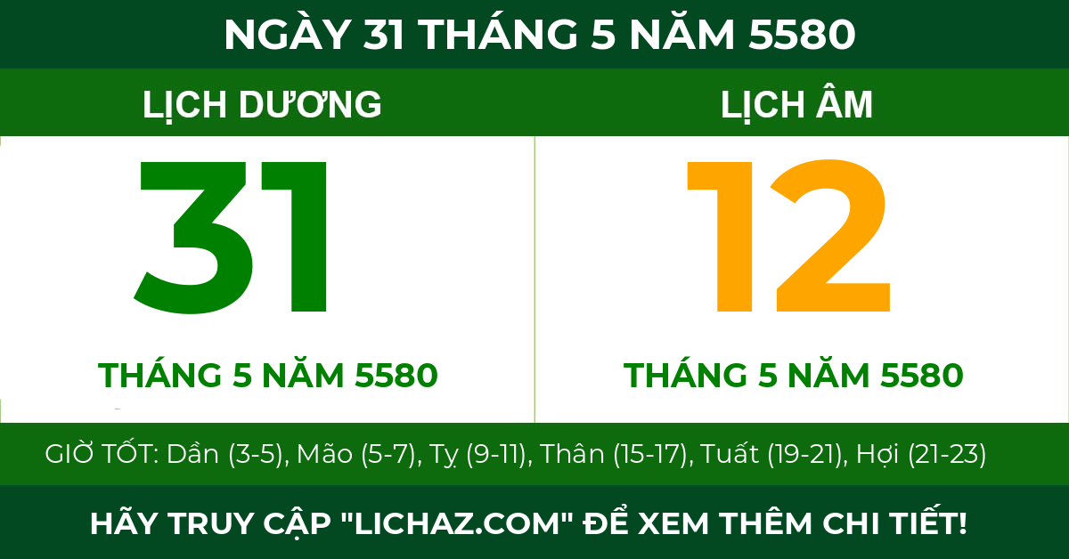 lịch âm ngày 31 tháng 5 năm 5580