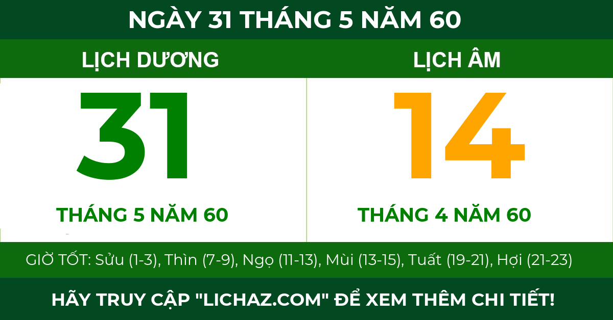 lịch âm ngày 31 tháng 5 năm 60