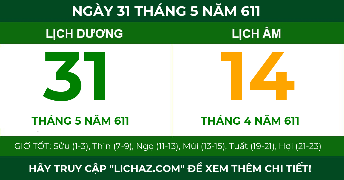 lịch âm ngày 31 tháng 5 năm 611