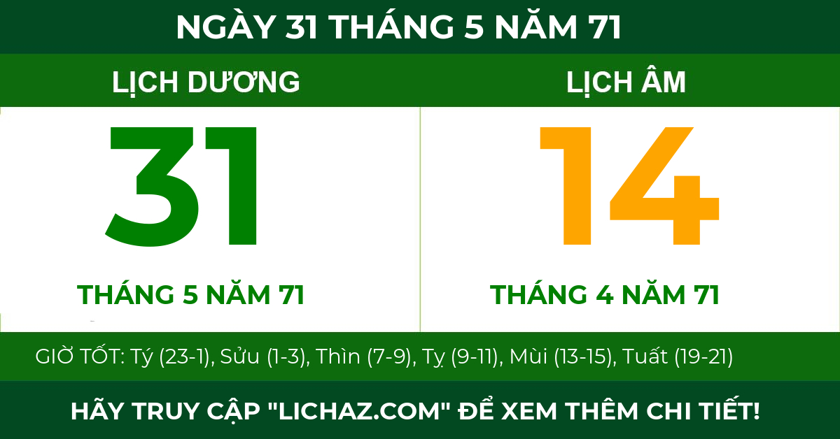 lịch âm ngày 31 tháng 5 năm 71