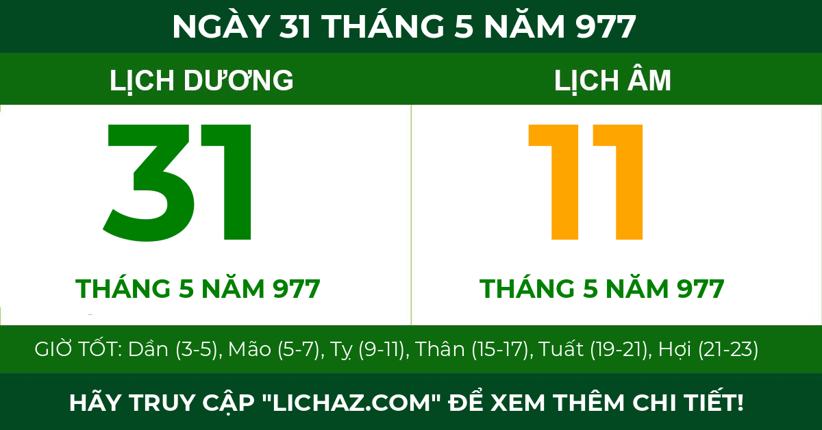 lịch âm ngày 31 tháng 5 năm 977