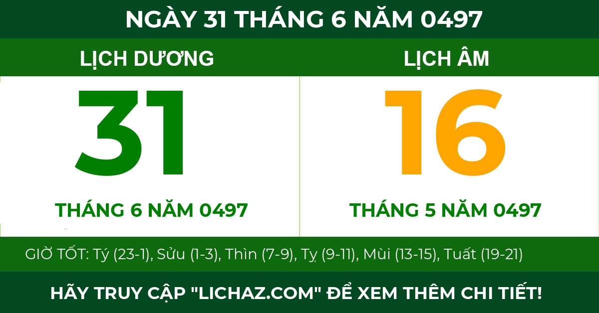 lịch âm ngày 31 tháng 6 năm 0497