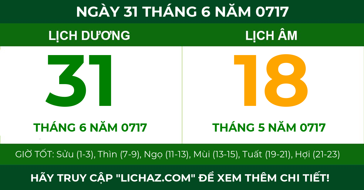 lịch âm ngày 31 tháng 6 năm 0717