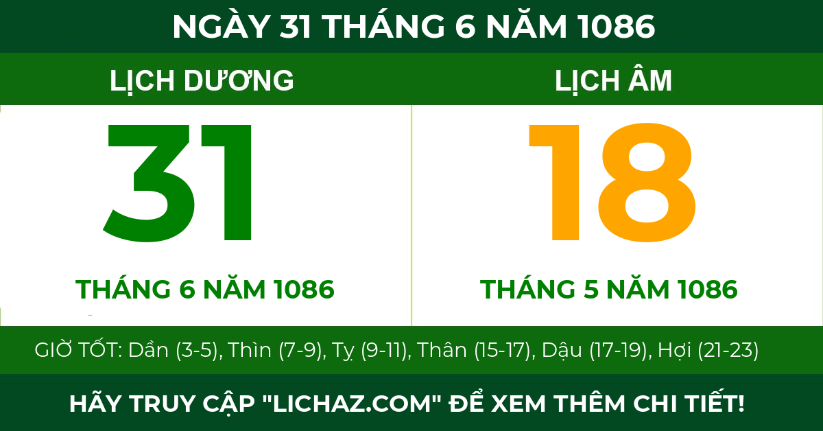 lịch âm ngày 31 tháng 6 năm 1086