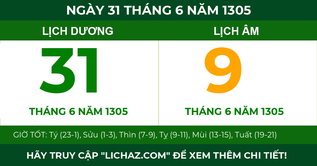 lịch âm ngày 31 tháng 6 năm 1305
