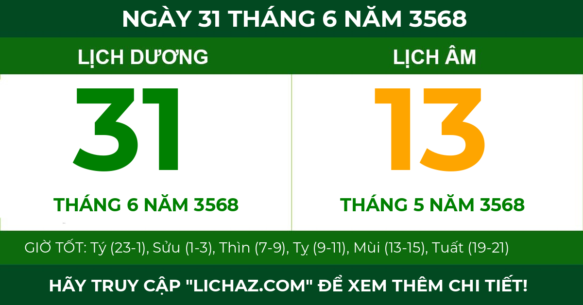 lịch âm ngày 31 tháng 6 năm 3568