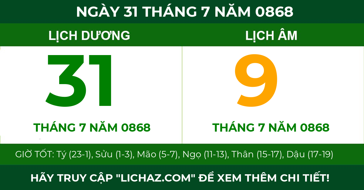 lịch âm ngày 31 tháng 7 năm 0868