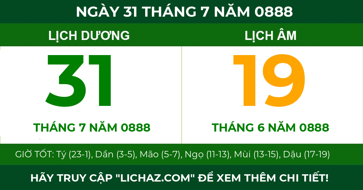lịch âm ngày 31 tháng 7 năm 0888